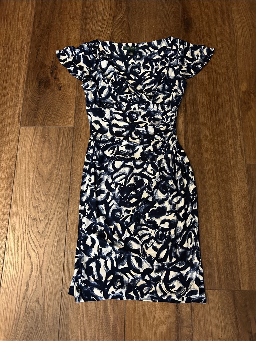 Lauren by Ralph Lauren Navy and White Floral-Brush Wrap Midi Dress
